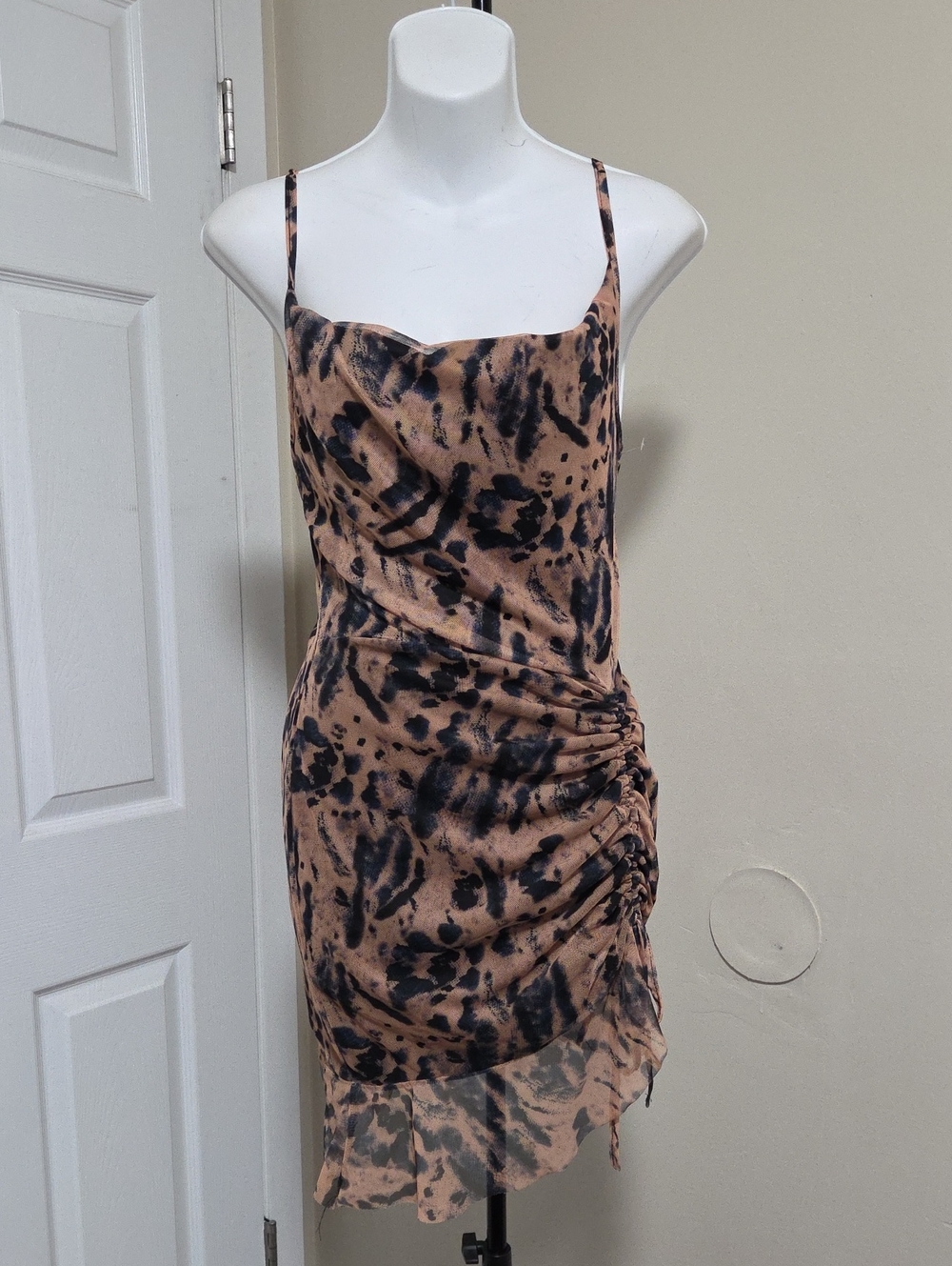 PrettyLittleThing Tan & Black Tie-Dye Spaghetti Strap Mini Dress